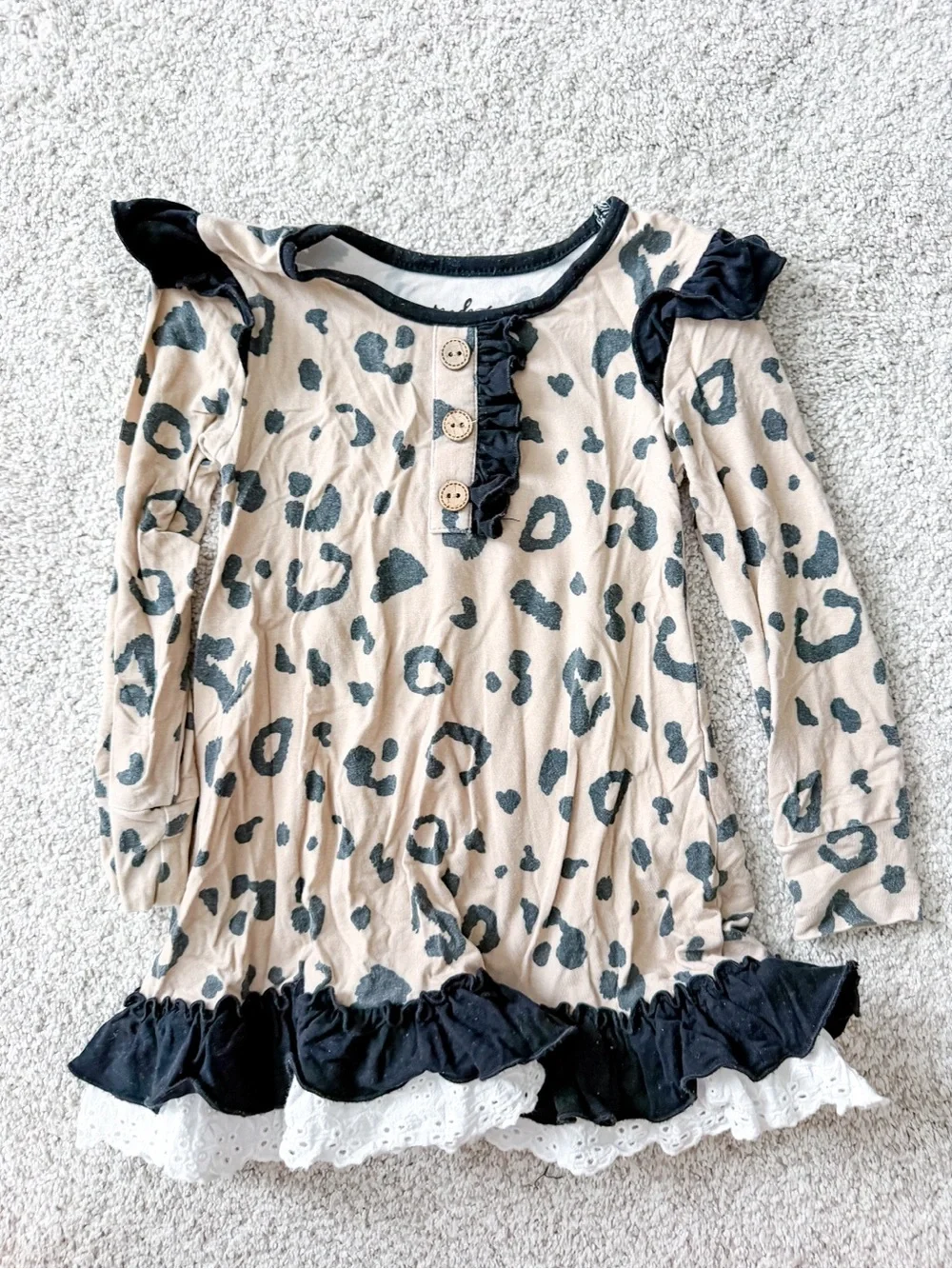 Girls Beige Leopard Print Long Sleeve Nightgown with Ruffle Trim